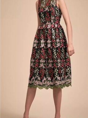 BHLDN Black Midi Dress with Red, White & Green Floral Embroidery and Green Trim